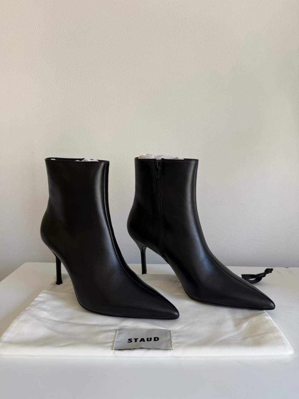 STAUD Black Pointed Toe Leather Ankle Booties (Sebastian Ankle Boot)